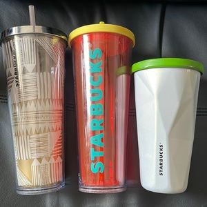 3 Starbucks containers, 2 for cold drinks and 1 metal container